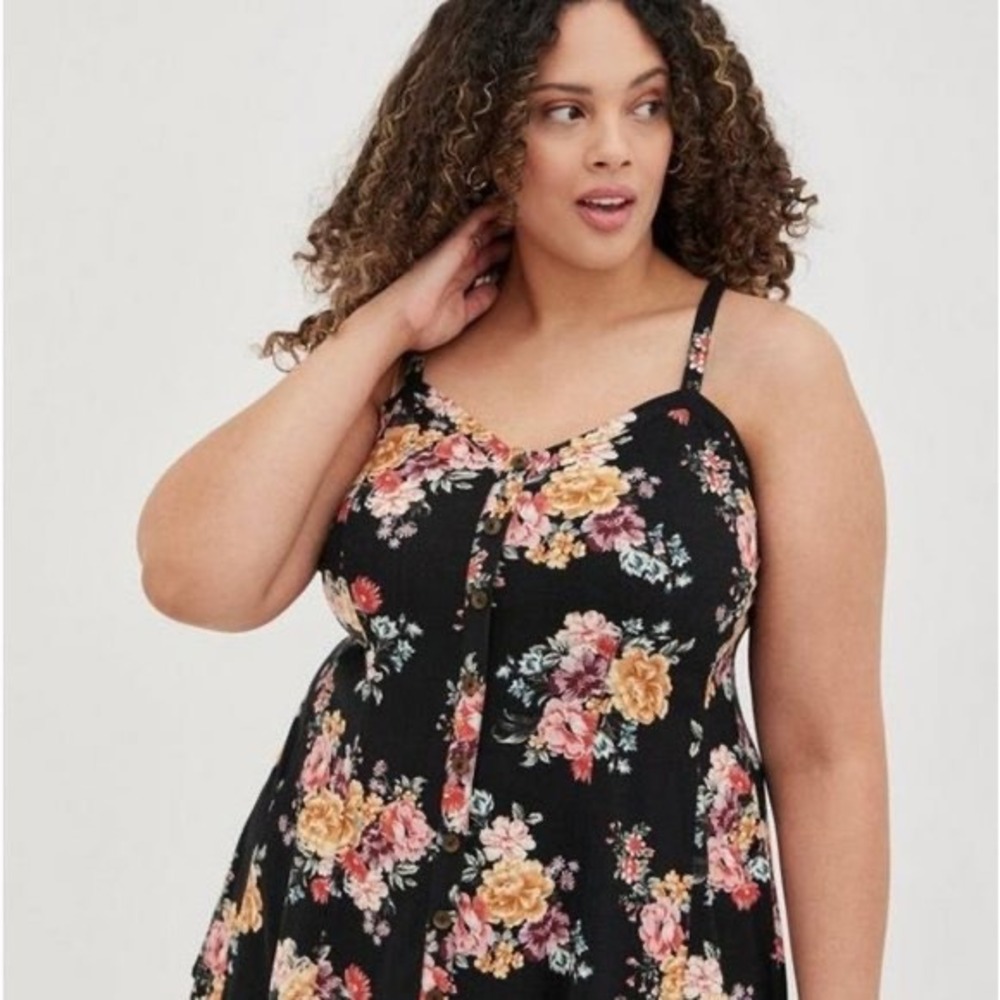 Torrid Womens Plus Size 2 Black Floral Button Front Cami Strappy Tank Top Blouse